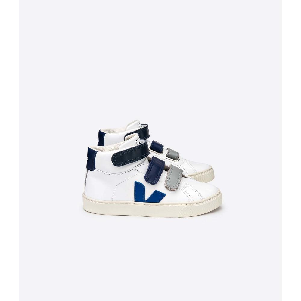 White/Blue Kids\' Veja ESPLAR MID LEATHER High Tops | AU 683YXF